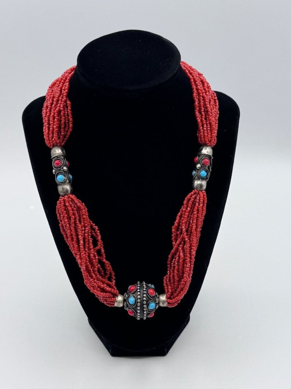 VTG Tibetan Himalayan  Multi Strand Statement Necklace Inlaid Turquoise Coral Be